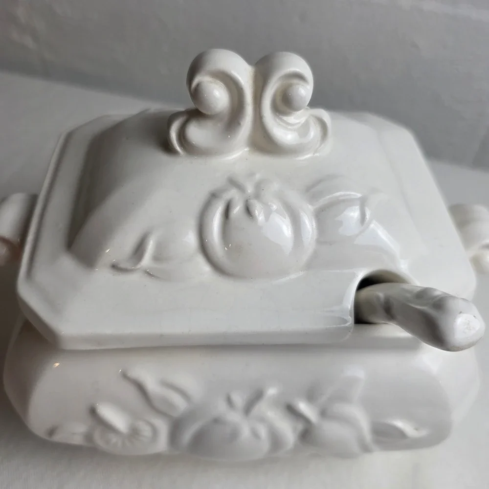 Vintage 50s Himark White Ceramic Fruit Embossed Tureen Lid Ladle Farmhouse Decor